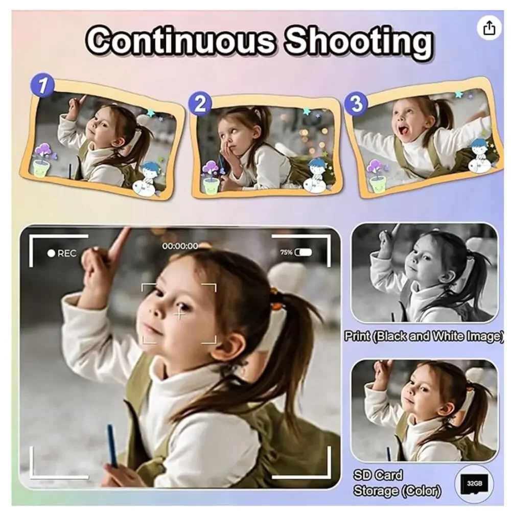 Kids Camera Instant Print - 1080P HD Instant Print 3 RollsPaper, 5Pens, 32GB